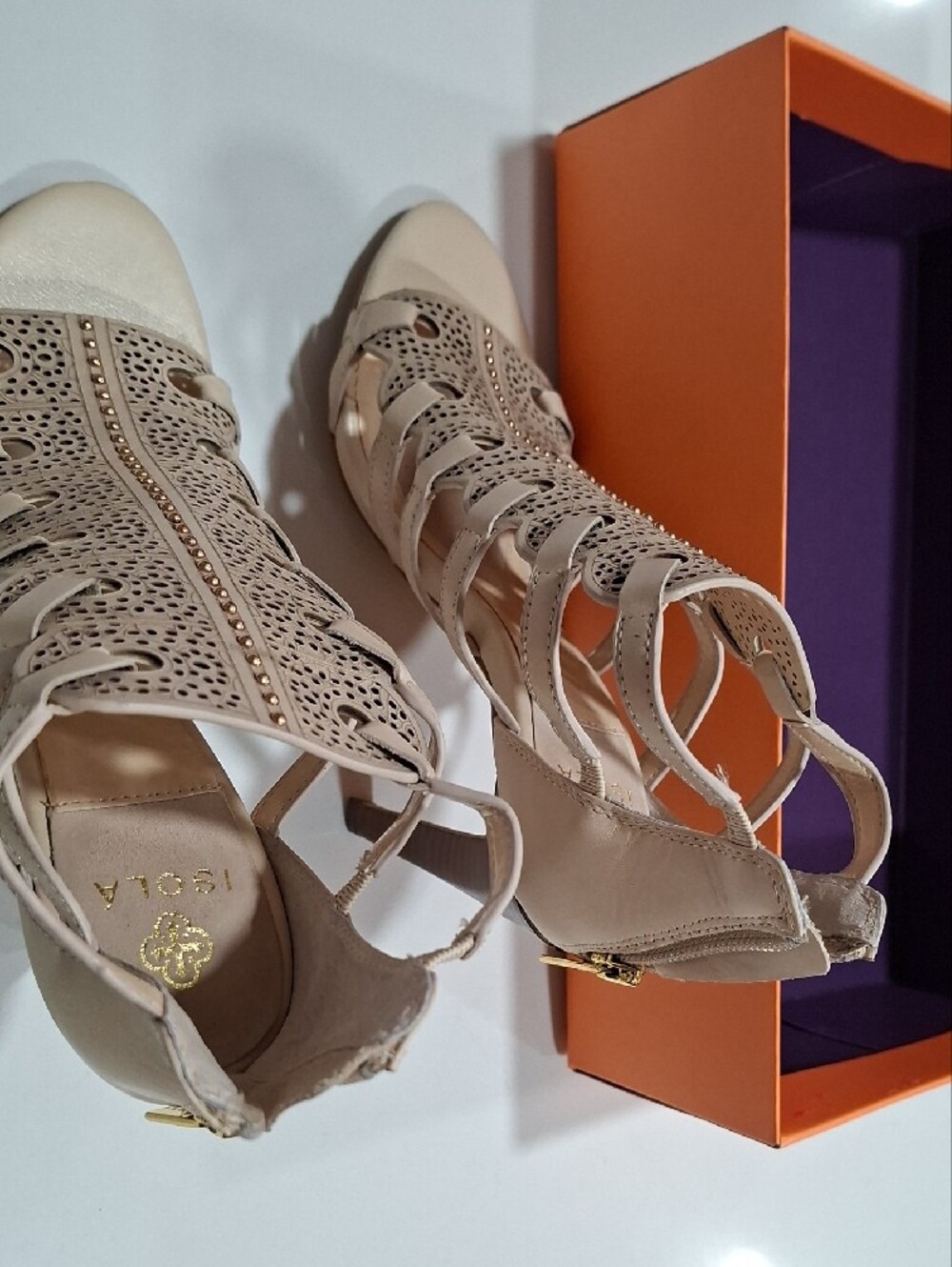Women's Beige Perforated Strappy Heeled Sandals
